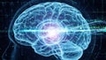 Digital brain with glowing center and binary code data streams. Royalty Free Stock Photo