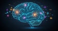 A glowing blue brain with circuit board patterns and binary code on a dark background display concept Royalty Free Stock Photo