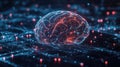 Digital brain with glowing neural connections and data grid