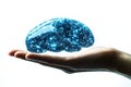 Digital brain held in human hand glowing neural connections symbolizing AI human technology integration cognitive computing in