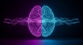 Digital brain hemispheres connected by circuitry on futuristic background Royalty Free Stock Photo