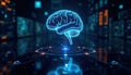Digital brain hologram in futuristic cybersecurity environment.