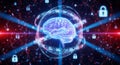 Digital brain illustration with binary code and orbiting security lock rings representing cyber security and AI Royalty Free Stock Photo
