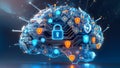 Digital Brain Illustration Highlighting Cybersecurity with Networked Locks and Nodes