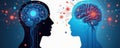 Digital brain interfaces compare human logic, artificial intelligence systems. Blue, black profiles facing represent data Royalty Free Stock Photo