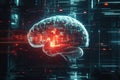 A digital brain merges with circuits and holograms, linking human thoughts and AI seamlessly. Generative AI
