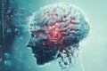 A digital brain merges seamlessly with AI elements featuring circuits, chips, and holographic projections in a
