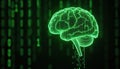 Digital brain rendered in glowing green binary code against a dark background with falling digits. Symbolizes artificial Royalty Free Stock Photo
