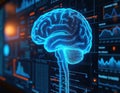 Digital brain representation with glowing outlines against data panels. Concept of AI analysis and neurological studies. Tech Royalty Free Stock Photo