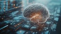 A digital brain seamlessly merges with advanced circuitry and AI holograms, showcasing a modern fusion of technology and