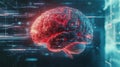 A digital brain seamlessly merges with AI components, showcasing circuits, chips, and holographic projections in a high