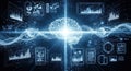 Digital brain surrounded by glowing data charts and mobile devices with blue and white futuristic technology theme Royalty Free Stock Photo