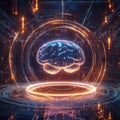 Digital brain surrounded by rings of spinning data, glowing plasma and dynamic holograms Royalty Free Stock Photo