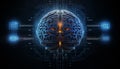 Digital brain to human brain interface. Artificial Intelligence concept as blueprint artwork. Dark blue color scheme