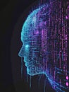 A digital brain visualization showcases intricate grids and flowing binary code, glowing in blue and purple against a