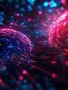 Digital Brains Exchanging Data Streams in a Virtual Network Two glowing brains connected by data streams in a virtual network