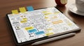 Tablet with Detailed Workflow Diagram and Sticky-Note Annotations on Desktop Royalty Free Stock Photo