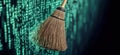 Digital broom sweeping away binary code, symbolizing data cleaning and cybersecurity, copy space for text
