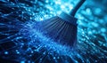 Digital broom sweeping away data particles, representing data cleaning and organization