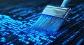 A digital brush sweeps away dust on a blue binary code background, symbolizing surface scattering and cleaning up, with