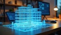Digital building model displays with glowing blue lines on office desk. Laptop and computer screen show data. Architecture Royalty Free Stock Photo