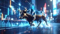 Digital bull statue charging through financial data cityscape at night Royalty Free Stock Photo