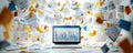 Digital business documents fly out from a laptop computer