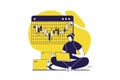 Digital business web concept with flat people for website design. Woman analyzing financial data on bar chart, analyzing Royalty Free Stock Photo
