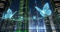 Digital Butterflies Fly Through Futuristic Cityscape with Binary Code Buildings at Night Royalty Free Stock Photo
