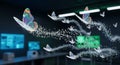 Digital Butterflies Flying with Binary Code Stream in Futuristic Data Center Royalty Free Stock Photo