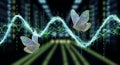 Digital Butterflies Flying Over Data Waveform and Binary Code Royalty Free Stock Photo