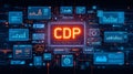 Digital C D P interface with glowing orange text and blue data charts Royalty Free Stock Photo