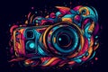Digital camera illustrated in a vibrant, colorful, cartoon abstraction with neon art elements and a simplistic design -