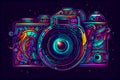 Digital camera illustrated in a vibrant, colorful, cartoon abstraction with neon art elements and a simplistic design -