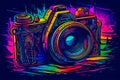 Digital camera illustrated in a vibrant, colorful, cartoon abstraction with neon art elements and a simplistic design -