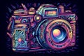 Digital camera illustrated in a vibrant, colorful, cartoon abstraction with neon art elements and a simplistic design -