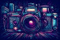 Digital camera illustrated in a vibrant, colorful, cartoon abstraction with neon art elements and a simplistic design -