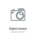 Digital camera outline vector icon. Thin line black digital camera icon, flat vector simple element illustration from editable Royalty Free Stock Photo