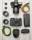 digital camera, several different lenses, filters, cables Royalty Free Stock Photo