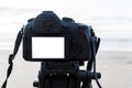 Digital camera on the tripod white screen at the beach Royalty Free Stock Photo
