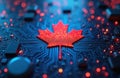 Digital Canada map symbolized by red maple leaf on blue microchip circuit board. Illustrates global network, connectivity, data Royalty Free Stock Photo
