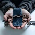 Digital captivity Mobile phone chained to hands, symbolizing social media addiction