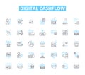 Digital cashflow linear icons set. Cryptocurrency, Blockchain, Transactions, Decentralization, Efficiency, Security