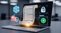 Digital certificate on laptop screen with blockchain technology and security Royalty Free Stock Photo