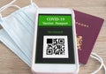 Digital certificate proof of coronavirus immunization. Covid-19 passport vaccination on mobile phone app for travel, smartphone wi