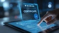 Digital Certificate Verification on Tablet Display with Holographic Interface Showcasing Rating and Approval Features Royalty Free Stock Photo
