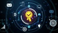 Digital certification badge with glowing icons and technology elements on a dark abstract background with circular data graphics Royalty Free Stock Photo