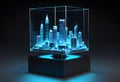 Digital CGI of glowing blue cityscape in transparent cube illuminated by soft blue lighting dark background Royalty Free Stock Photo