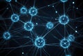 Digital CGI of glowing blue network nodes with interconnected lines on a dark blue background. Neon futuristic abstract Royalty Free Stock Photo
