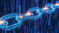 A digital chain composed of glowing blue binary code links against a dark blue digital background with vertical binary code Royalty Free Stock Photo